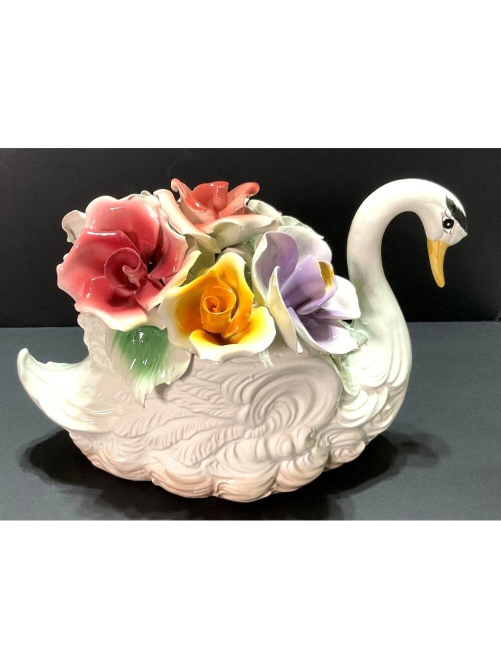 Vtg Capodimonte Large Swan Bone China Floral Made in Italy 7"H X 10"L X 7"W